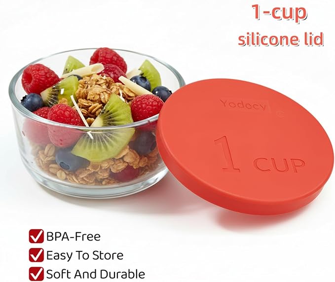 Yodecy Silicone Bowl Lids fit Pyrex Glass Bowls 7202-PC 1 Cup, Yodecy Silicone Bowl Lids fit Anchor Hocking Glass Bowls 7202-PC 1 Cup,Replacement Lids 3.8in(4 Pack Red)