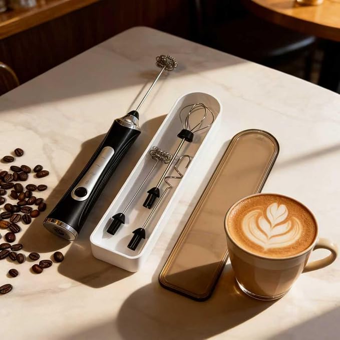 Handheld Electric Milk Frother with 3 Heads, Coffee Whisk Foam Mixer with USB Rechargeable 3 Speeds, Foam Maker Blender for Latte, Cappuccino, Hot Chocolate, Egg (Type 6)