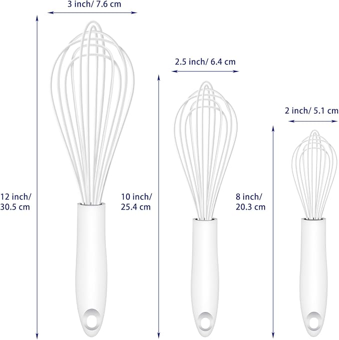 OYV White Silicone Whisk Set of 3, 8/10/12 Inch, Heat Resistant 480°F | Sealed Waterproof Handles, Non-Scratch Silicone-Coated Wires, Nonstick-Safe, Durable Stainless Steel Cores, BPA free