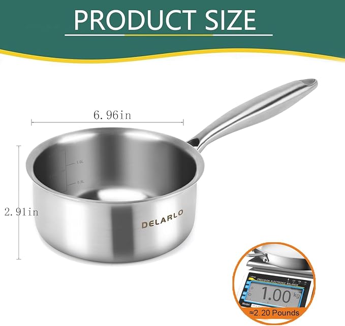 DELARLO Full-body Clad Tri-ply Stainless Steel 1.5 Quart Saucepan with Lid | Small Stainless Steel Pot Induction Cooking Sauce Pot Pan, Heavy Duty Saucier Cookware, PFOA&PTFE Free