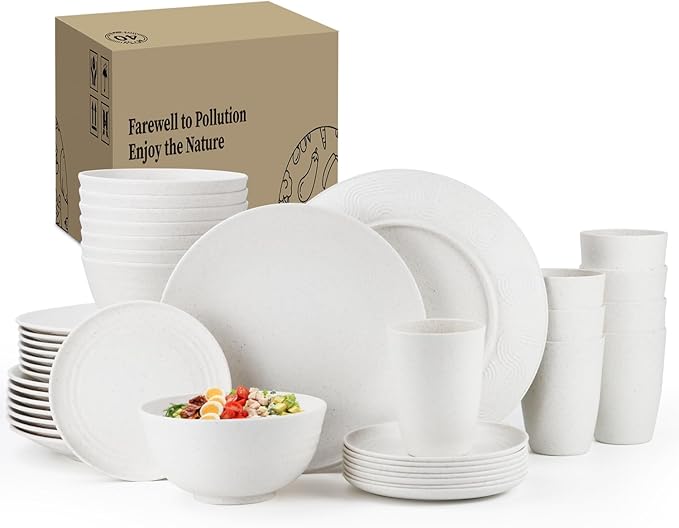 Wheat Straw Dinnerware Set,40-Piece Dish Set for 8, Dinner Plates, Dessert Plate, Cereal Bowls, Cups, Appetizer Plates,Reusable Dinner Plates Kids Plates and Bowls Sets, White