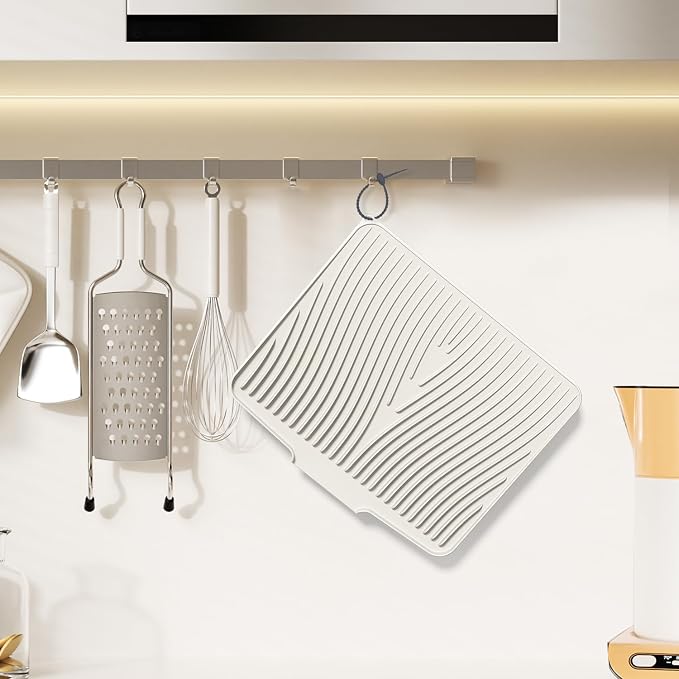 Silicone Dish Drying Mat for Kitchen counter | 15.8"x13" Dish Drainer Mat,Heat-Resistant Kitchen Counter Mat & Over-Sink Drying Tray,Can Be Hung, Cream