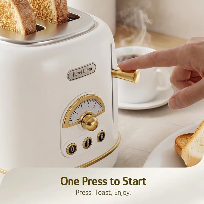 Hazel Quinn 2-Slice Retro Toaster 6 Browning Levels 3 Functions Pearl White | Defrost/Reheat/Cancel, Removable Crumb Tray for Easy to Clean, 1.5 Inches Extra Wide Slots, for Toast, Bagels Daily Breakfast
