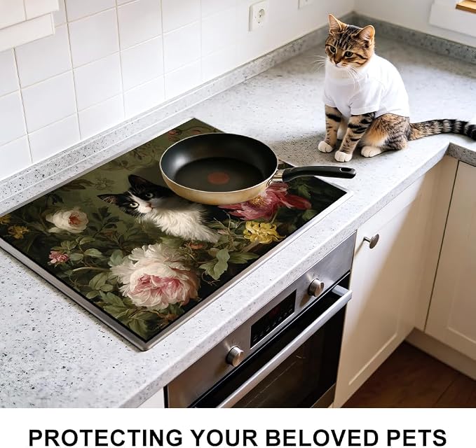 Tuxedo Cat Floral Stove Top Cover 28.35x20.47 in Non Slip | Heat Resistant Cooktop Protector Mat with Non-Slip Backing, Scratch Protection and Countertop Drying Mat.