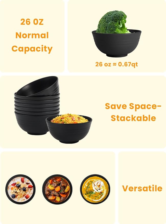 Cereal Bowl Set, Wheat Straw Bowls for Kitchen, Unbreakable Lightweight Bowl Set of 8, Microwave and Dishwasher Safe Bowls, Reusable Bowl for Serving, Cereal, Snack,Fruit(Black, 26 OZ)