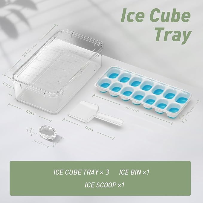 ChefAide Ice Cube Tray with Lid and Bin, 3 Packs 42 Cubes Silicone Plastic Ice Cube Trays for Freezer, Stackable Ice Tray with Container, Ice Scoop for Drinks, Coffee and Cocktails