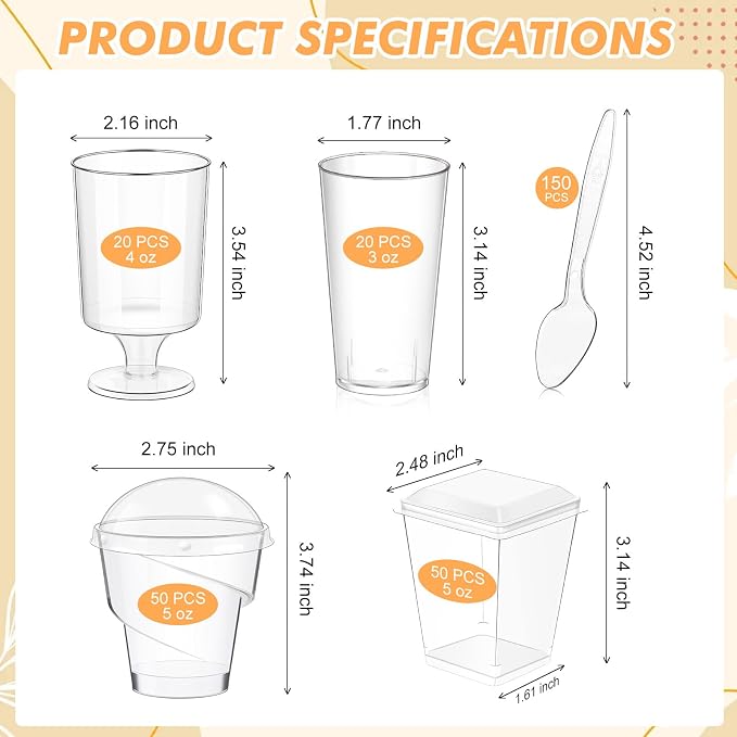 mwellewm 390 Pcs Dessert Cups with Lids and Spoons, 5 OZ Parfait Cups 3 OZ Plastic Desert Cups Clear Mini Shooter Cups for Party Reusable Small Appetizer Serving Fruit Cup Ice Cream Cake Pudding
