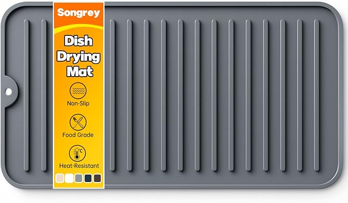 Songrey Silicone Dish Drying Mat for Kitchen Counter, 12" x 6.5", Dark Gray | Drying Pad for Sink Dishes or Under Rack, Multi-Use as Heat Resistant Trivet, Coffee Bar Mat