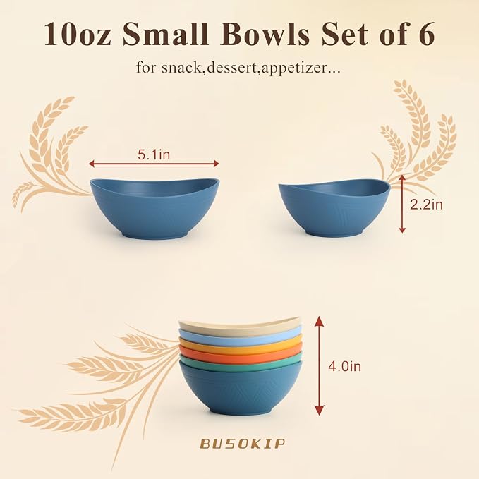 10oz Wheat Straw Bowls Set of 6, Unbreakable Small Plastic Bowls Reusable for Snack, Dessert, Ice Cream, Kitchen Prep Bowls, Microwave & Dishwasher Safe Mini Bowls for Party, Camping - Multi