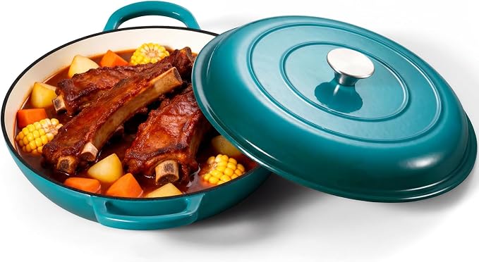 Leonyo 3.6QT Cast Iron Braiser Shallow Dutch Oven with Lid,Lake Green | Nonstick Enameled Cast Iron Casserole Skillet, Cast Iron Cookware Shallow Dutch Oven with Lid for All Cooktop, Oven Safe