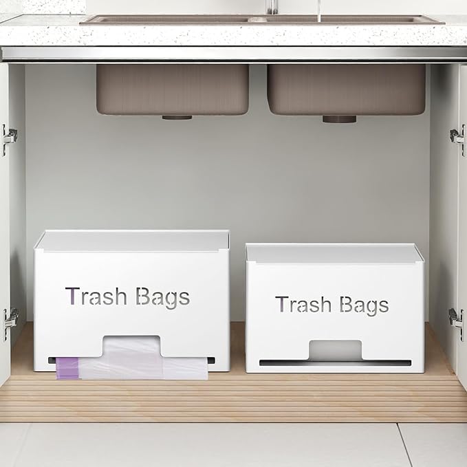STWWO 2-Pack Trash Bag Holder Dispenser, Stackable Garbage Bag Dispenser | Extra Large Trash Storage Organizer for Kitchen Laundry Under Sink, Wall Mounted or Freestanding, Metal White