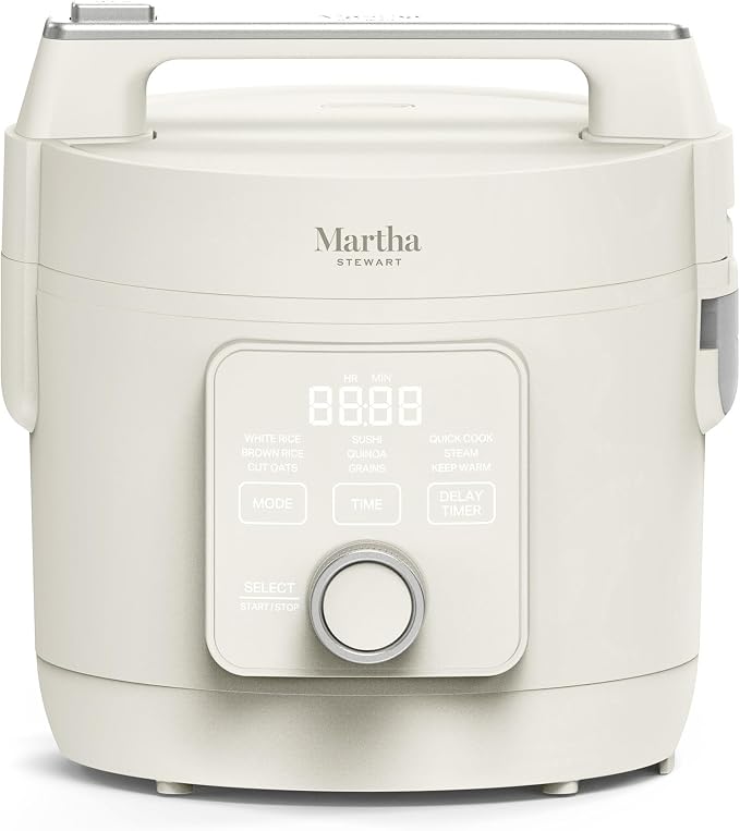 Martha Stewart 8 Cup Cooked (4 Cup Uncooked) Rice Cooker & Steamer, Linen | PFAS-Free Ceramic Nonstick Removable Pot, 9 Modes, Keep Warm, Steamer, White & Brown Rice, Quinoa, Grains, Oats, Easy Clean