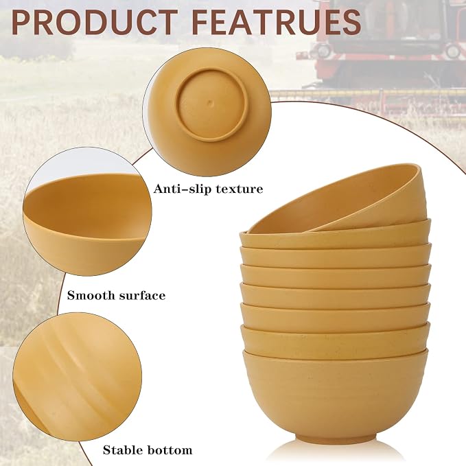 Unbreakable Cereal Bowls, Wheat Straw Bowl Set 8 PCS, Microwave and Dishwasher Safe Bowl for Soup, Cereal, Salad, Snack, Rice, Reusable Plastic Bowls for Kitchen, RV, Gathering (Yellow,26 OZ)