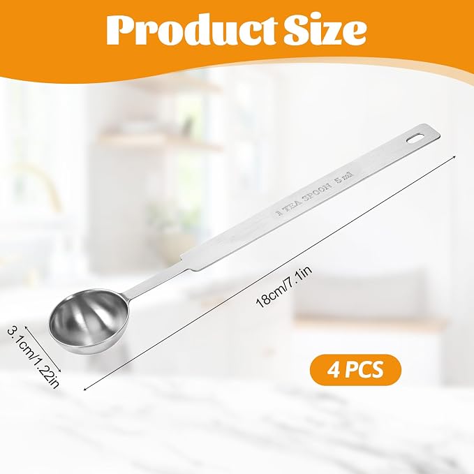 4 Pcs Teaspoons Measuring Spoon, 5 Gram Scoop, Stainless Steel Measuring Spoons, 1 Tsp (5 mL, 5 cc, 1/6 oz, 1/3 Tablespoon), Dishwasher Safe, Metal Measurings Spoons for Cooking & Baking