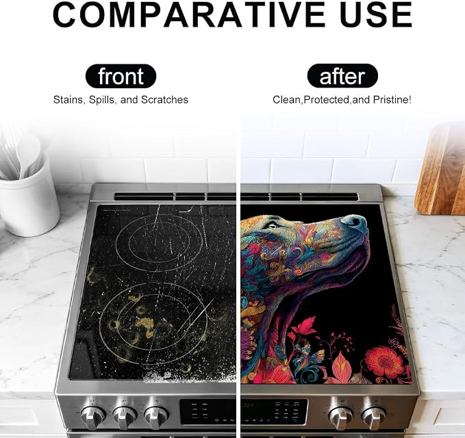 Colorful Dog Stove Top Cover 28.35x20.47 in Non Slip Mat | Heat Resistant Cooktop Protector Mat with Non-Slip Backing, Scratch Protection and Countertop Drying Mat.