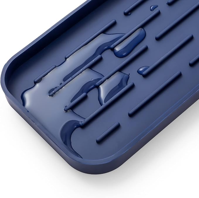 MicoYang Silicone Kitchen Sink Organizer Tray for Multiple Usage,Eco-Friendly Sponges Holder for Kitchen Bathroom Counter or Sink,Dish Soap Dispenser,Scrubber,Bottle,Cup (Navy Blue, 10"×5.3")