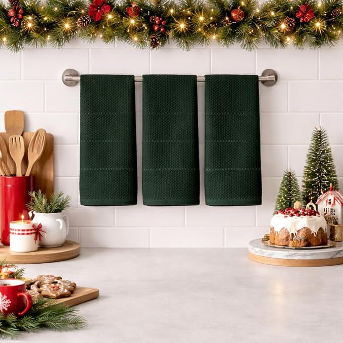Dark Green Kitchen Hand Dish Towels, Set of 3, 100% Cotton, 18" x 28" | Terry Loop Textured, Soft & Absorbent Cleaning Cloth, Quick Dry, Multipurpose for Everyday Use