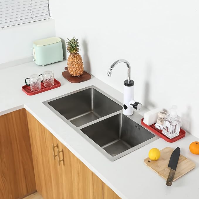 MicoYang Silicone Kitchen Sink Organizer Tray for Multiple Usage,Eco-Friendly Sponges Holder for Kitchen Bathroom Counter or Sink,Dish Soap Dispenser,Scrubber,Bottle,Cup (Red, 10"×5.3")