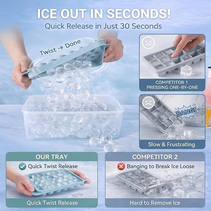 Ice Cube Tray with Lid and Bin, 1" Round Ice Trays for Freezer | 2 Blue Ice Cube Trays with Ice Box & Tong, 1" Round Ice Balls for Iced Coffee & Juice, Easy Twist Release, For Gatherings
