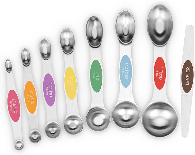 Aovchei 8 pcs Multi-Color Magnetic Measuring Spoons Set | Dual Sided, Stainless Steel Small Tablespoon, Teaspoons, Fits in Spice Jars, for Dry and Liquid