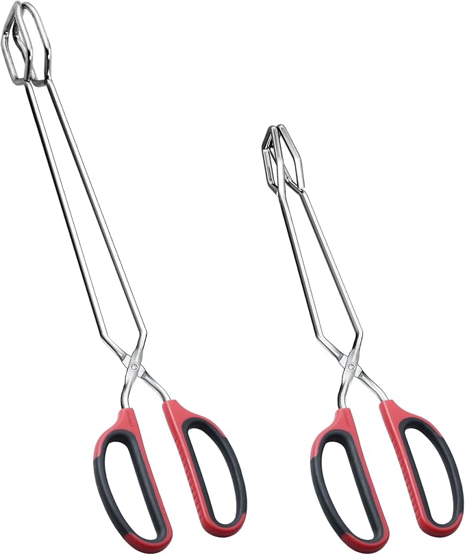 HINMAY 12" 16" Extra Long Stainless Steel Kitchen Scissor Tongs Set (Red) | Set of 2, Non-Slip Comfortable Red Grip, Scissor Design, Heat Resistant for Cooking Grilling and Serving