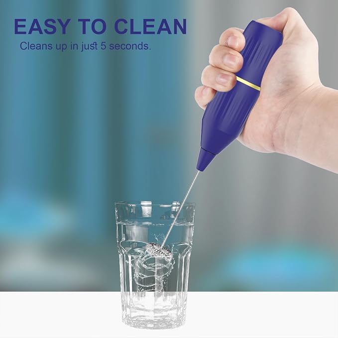 Blue Milk Frother Handheld | Standable No Stand Needed, Battery Operated, Detachable Whisk, Easy Clean, Compact Portable
