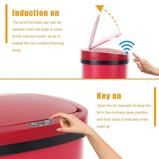 BestOffice | 13 Gallon Stainless Steel Trash Can with Lid | Red | Automatic Touchless Garbage Can | Odor Control | Modern Oval Design | Easy to Clean | For Kitchen, Bathroom, Office or Home
