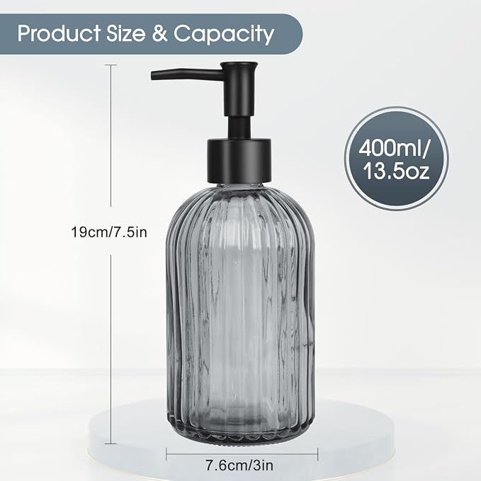 Topsky Glass Soap Dispenser with Plastic Pump, 400ml Liquid Hand Soap Dispenser, Rustproof Pump for Kitchen & Bathroom, Great for Lotions, Essential Oil, Liquid Soaps,Gray