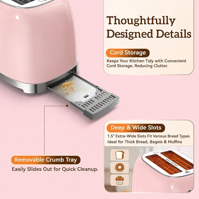RONGBEST Retro Toaster 2 Slice Stainless Steel with Wide Slot Touchscreen for Breakfast Bagel & Bread, Reheat & Defrost, 6 Browning Levels, Removable Crumb Tray, Blush Pink