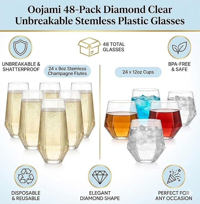 Oojami 48 Pack Diamond Plastic Champagne Flutes Stemless 9oz & 12oz Cups | Heavy Duty Disposable Mimosa Glasses, BPA-Free Shatterproof Unbreakable Recyclable Reusable, Wedding Birthday Party, Oojami