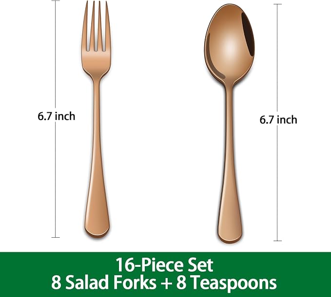 6.7 Inch Forks And Spoons Silverware Set of 16, Rose Gold Stainless Steel Salad Forks And Teaspoons, Metal Small Spoon And Fork Set