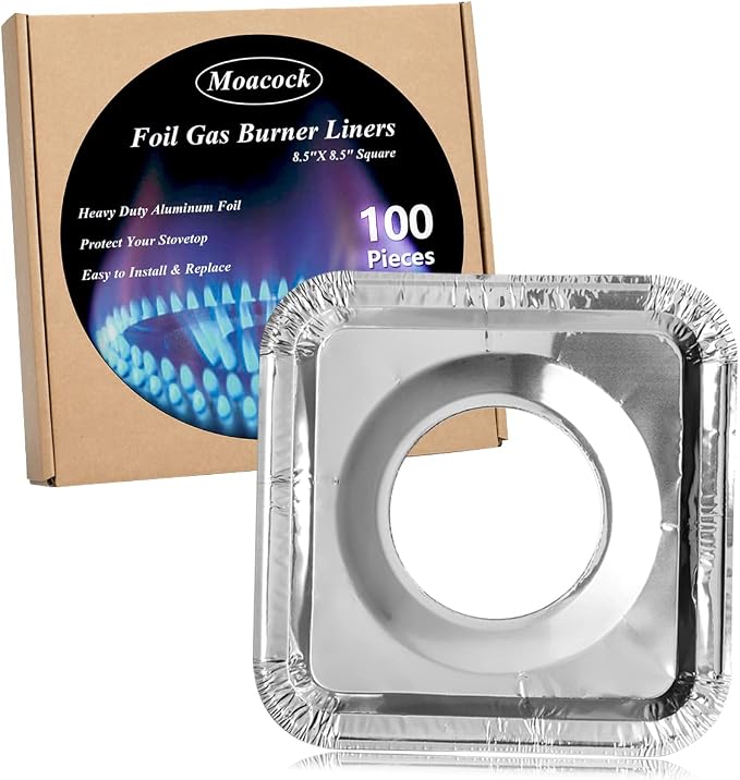100 Pack Aluminum Foil Square Stove Burner Covers Disposable Heavy Thick Quality Bib Liners Drip Pans Gas Range Top Protectors 8.5”
