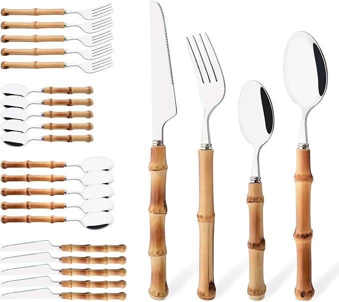 Bamboo Handle Silverware Set, 24-Piece Flatware Set for 6, Stainless Steel Cutlery Eating Utensils Include Forks Spoons and Knives for Daily Use and Party, Reusable and Modern Design