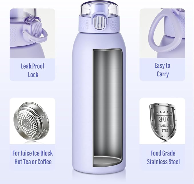 Insulated Water Bottle 24 oz with Dustproof Lid, Carry Handle & Tea Infuser, BPA-Free & Leakproof, Stainless Steel Water Bottles Ideal for Fitness, Hiking, Office & Outdoor Use (Light Purple)