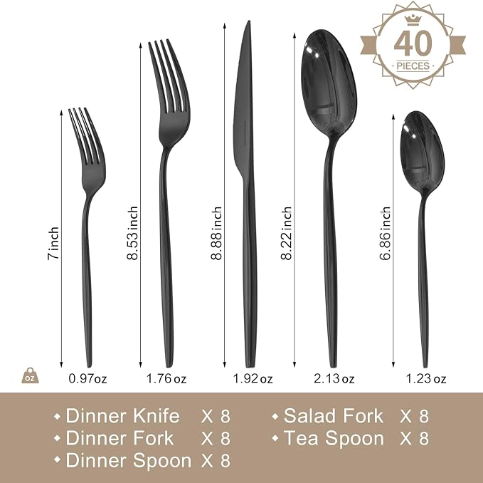 18/10 Silverware Set for 8, 40 Piece Black Stainless Steel Flatware Cutlery | KINGSTONE Mirror Polished Forks Knives Spoons Utensils, Tableware for Home Kitchen Restaurant Wedding, Dishwasher Safe