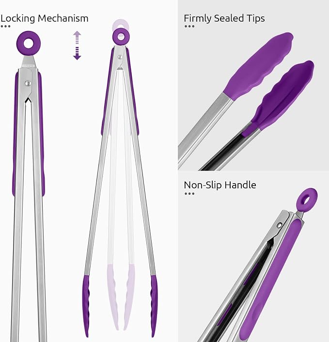 U-Taste Kitchen Tong for Cooking, 600ºF Heat-Resistant Tps, 16in/Purple | Extra Long BBQ Tongs, Large Tong for Grilling/Grabbing, Big Thong with Nonstick Silicone Tps & 18/8 Stainless Steel Handle