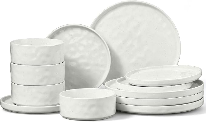 E-far Stoneware Dinnerware Set, 12-Piece White Plates and Bowls Sets for 4 | Modern Ripple Design Dishes Set for Kitchen Dining, Chip & Scratch Resistant, Microwave & Dishwasher Safe, Speckled White
