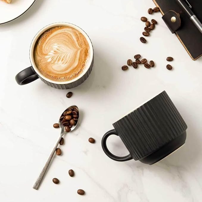 HASENSE Coffee Mug Ceramic Set of 4 with Stand, Stackable Large Latte Cups with Metal Stand, Dishwasher & Microwave Safe, Black for Cappuccino Tea Hot Cocoa