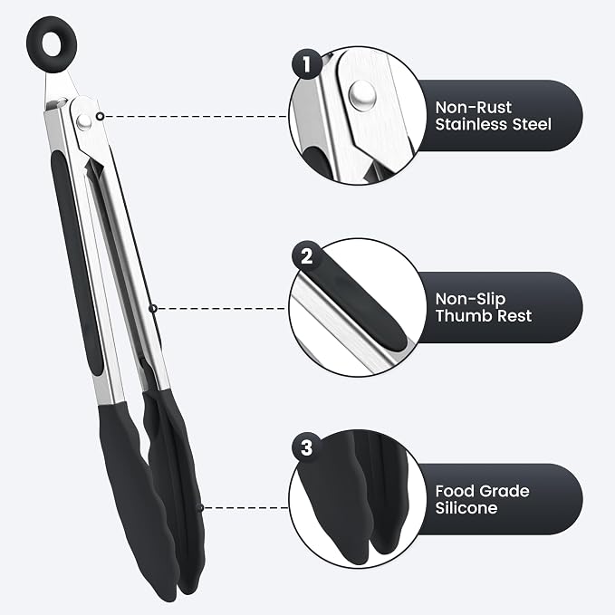 6PCS 7-Inch Silicone Tongs Set, Stainless Steel Tongs with Silicone Tips | Heat-Resistant Small Tongs For Cooking, Serving, Grilling | Dishwasher Safe | Black
