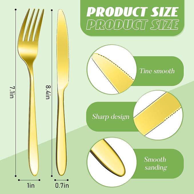 Nuenen 150 Pcs Stainless Steel Set Include 75 Dinner Forks and 75 Knives, Metal Steak Knives Forks Flatware Tableware Cutlery Set for Home Restaurant Hotel, Mirror Polished, Dishwasher Safe (Gold)