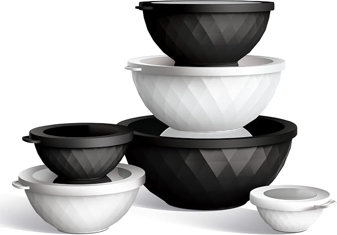 COOK WITH COLOR Mixing Bowls with Lids - 12 Piece Plastic Nesting Bowls Set includes 6 Prep Bowls and 6 Lids, Microwave Safe Mixing Bowl Set, Black and White Diamond