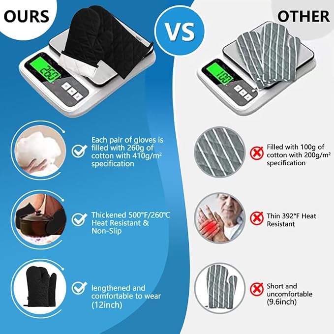 Oven Mitts and Pot Holders 4 pcs Set,High Heat Resistant 500 Degree Extra Thicken Long Kitchen Cotton Oven Glove for Cooking (12 Inch,Black)