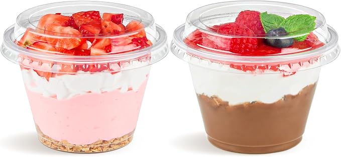 6 oz Plastic Dessert Cups with Lids, 100 Pack | Small Clear Parfait Cups, Mini Plastic Cups with Lids, for Cakes, Puddings, Fruits, Ice Creams, Dessert Shot Glasses, Bulk