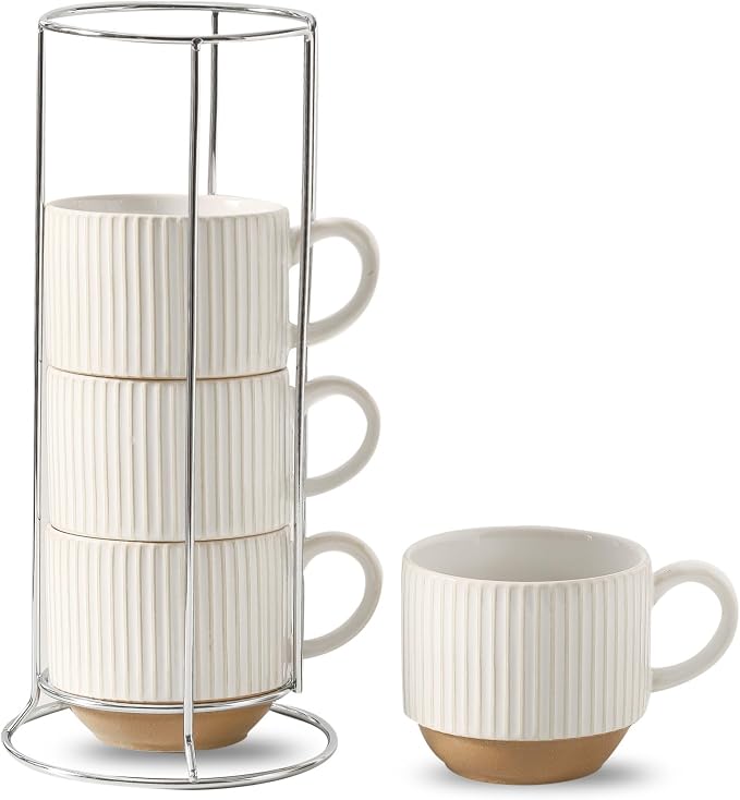 HASENSE 15 oz Ribbed Stackable Ceramic Coffee Mug Set of 4, White & Light Brown Cups with Metal Holder, Dishwasher & Microwave Safe for Cappuccino Tea Hot Cocoa, Wedding Housewarming Gifts