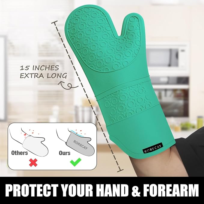 RORECAY Silicone Oven Mitts and Pot Holders Sets, Gloves for Kitchen, Green | Set of 6 Kitchen Mitts for Baking & Cooking, Heat Resistant 500 ℉, 15" Extra Long, Non-Slip & Waterproof, Quilted Cotton