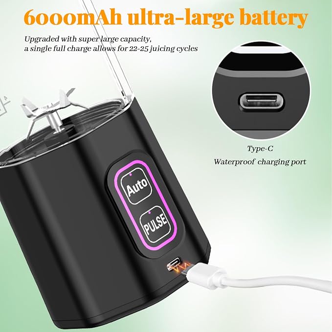 Portable Juicer Blender :XIP8 Waterproof 360W Motor, 6000mAh Battery, 700ml Stainless Steel Cup, Auto & Pulse Modes