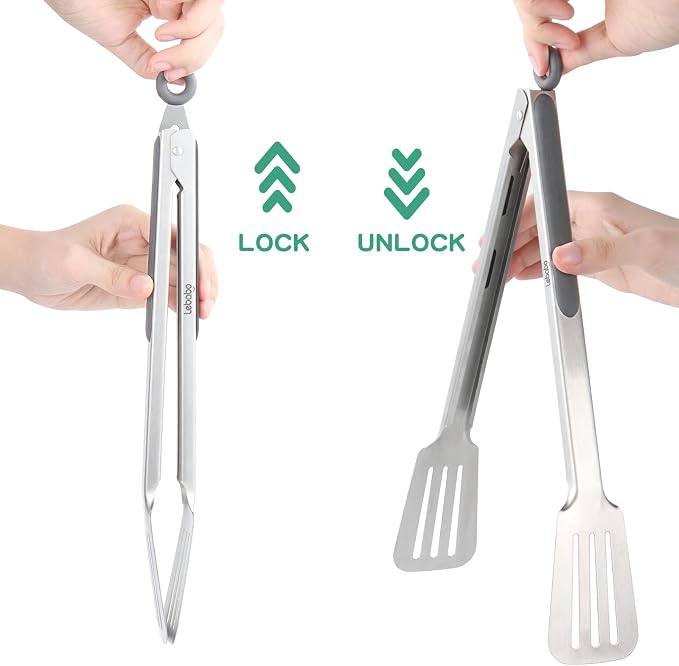 Tongs for Cooking, Set of 2 Metal Spatula Tongs for Grilling, Gray | 9 inch & 12 inch, Flat Spatula Head, Comfortable Handle, Strong Grip, Easy Pull Lock, Flipping Utensil