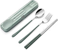 DEVICO Travel Utensils with Case, 18/8 Stainless Steel Silverware for Lunch | 4Pcs Portable Reusable Travel Cutlery Set, Korean Chopsticks Fork and Spoon Set for Camping/Picnic/Work/Gadgets/School, Green