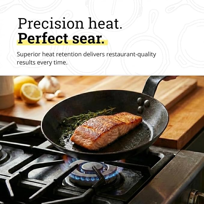 Lodge Seasoned Carbon Steel Skillet - Lightweight High Heat Frying Pan with Long Handle - Quick Temperature Response - Ideal for Searing & Sautéing - 8 Inches