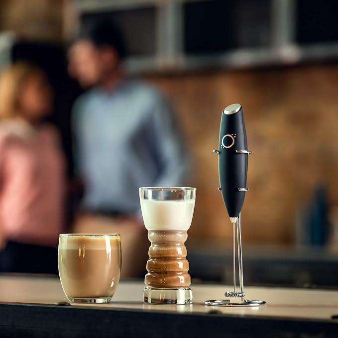 Milk Frother Handheld w Stand, Coffee Mixer Wand Foam Maker, Black | Battery whisk, stainless steel, stand & recipe book, for lattes cappuccino matcha, BPA-free, portable coffee bar accessory